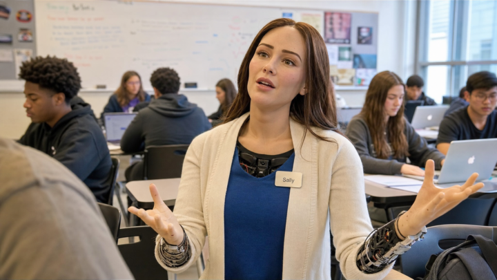 Sally, robot humanoide Realbotix M-Series dans une classe de lycee americain