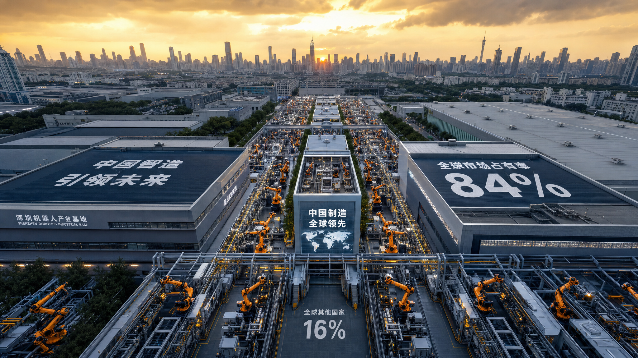 Vue aerienne de complexe de fabrication de robots humanoïdes en Chine illustrant la domination du marché mondial