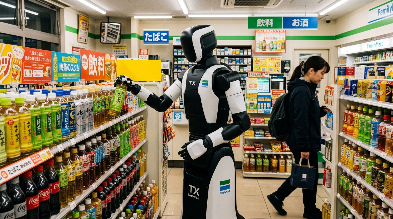 Robot TX GHOST de Telexistence reapprovisionnant les rayons boissons d un convenience store japonais