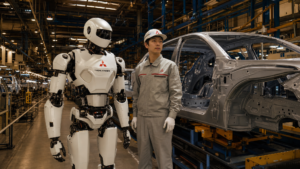 Robot humanoide Highlanders sur ligne de production Mitsubishi Motors usine Kyoto Japon