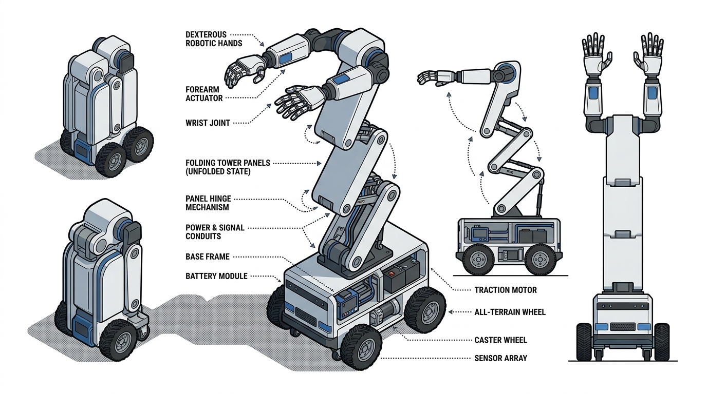 Robot Eno de Genesis AI sur base a roues avec tour articulee et mains dextres