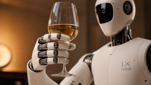 Robot humanoide 1X NEO demonstration des nouvelles mains a 5 doigts 25 degres de liberte saisissant un verre