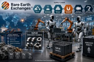 Infographie de la chaîne NdFeB terres rares robot humanoide