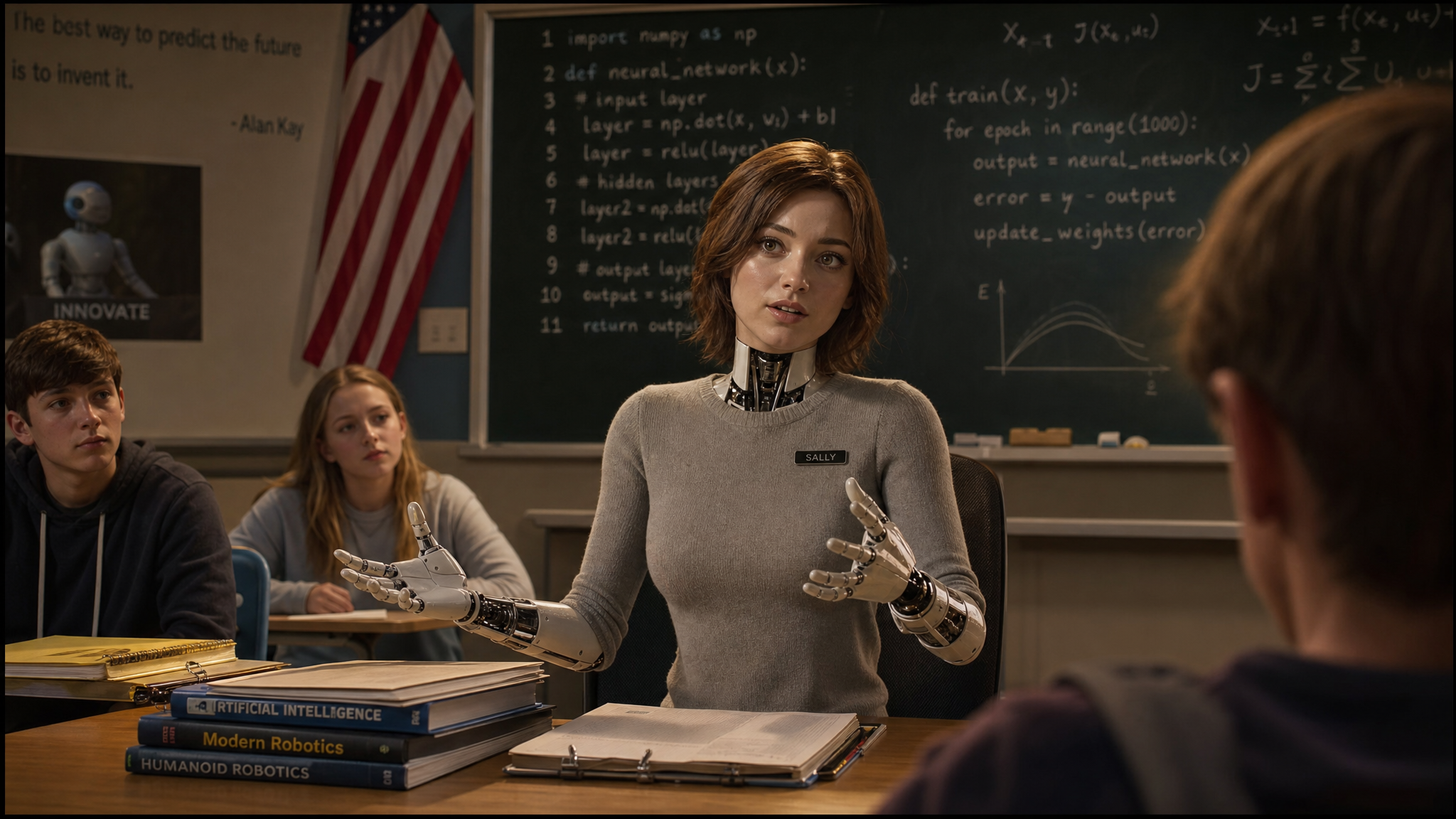 Robot Sally de Realbotix assise dans une salle de classe americaine premier robot professeur aux Etats-Unis