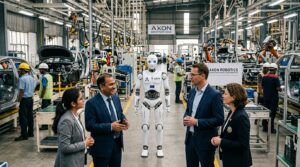 Robot humanoide NEURA Robotics Gen 3.5 dans une usine automobile indienne avec ingenieurs
