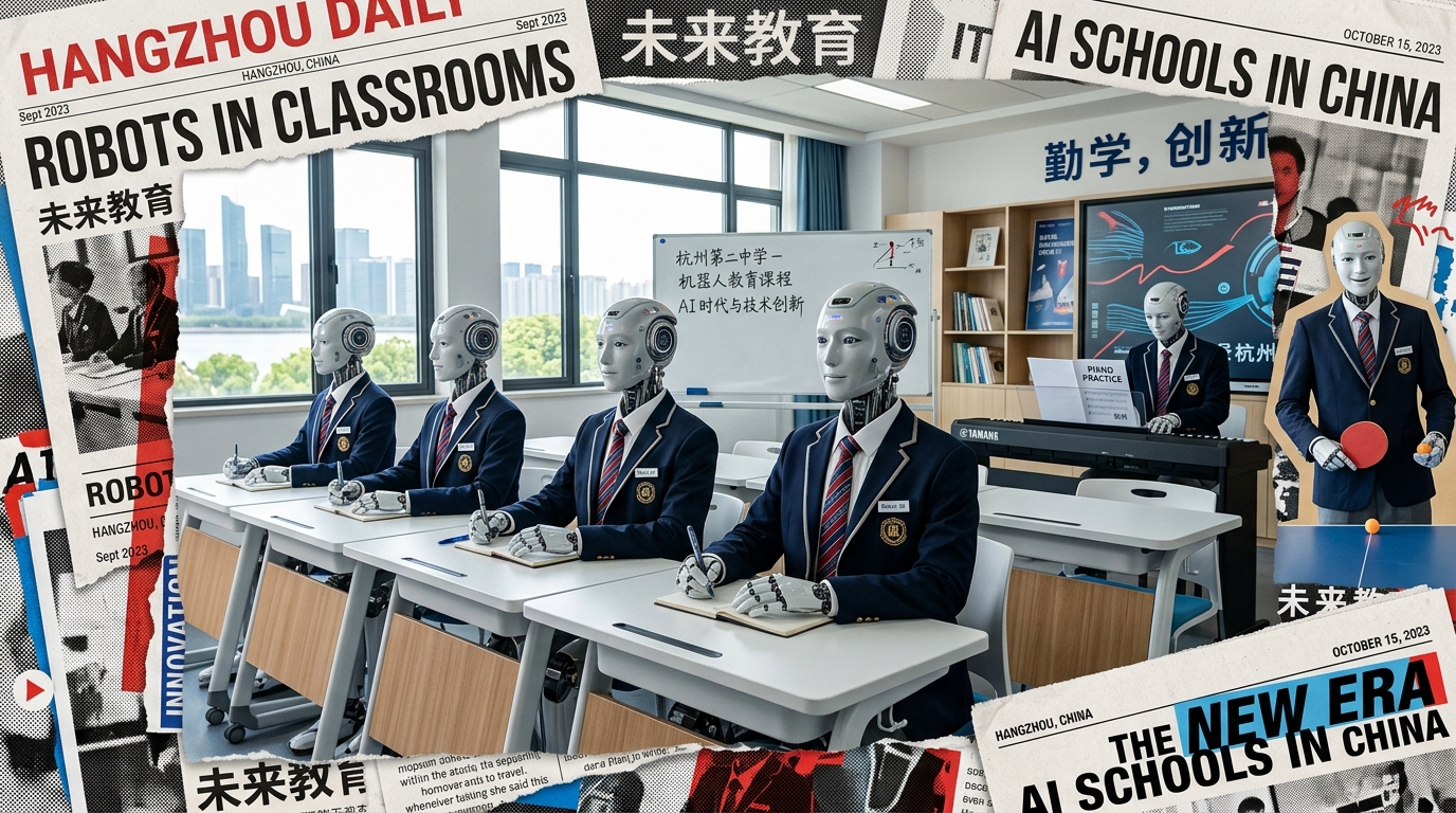 Robots humanoides en uniforme dans une classe a Hangzhou