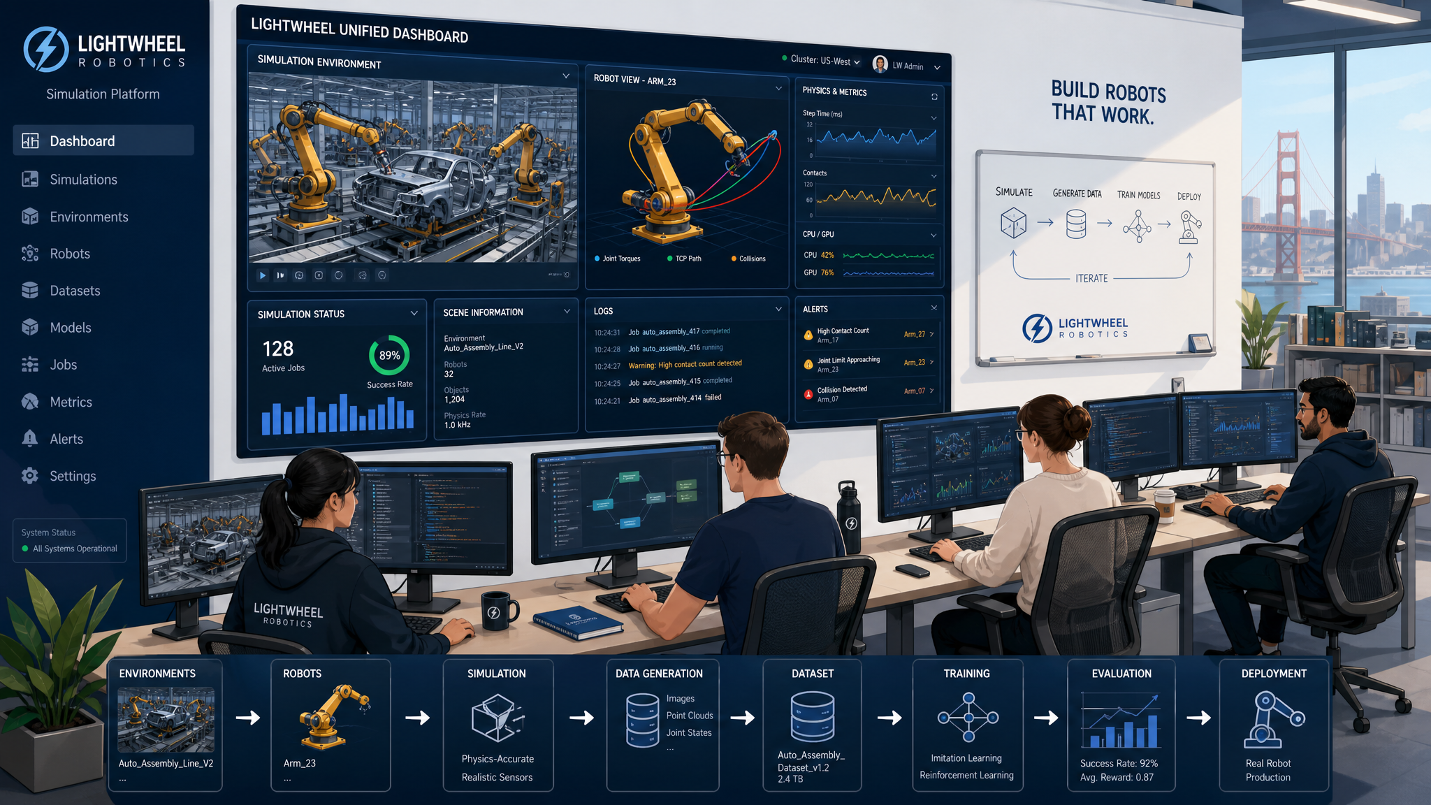 Interface de simulation robotique unifiée Lightwheel, dashboard multi-écrans avec visualisation de pipeline de données