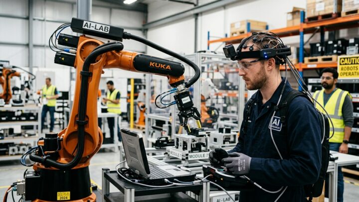 Operateur portant un casque EEG pour collecter des donnees de robot learning IA physique