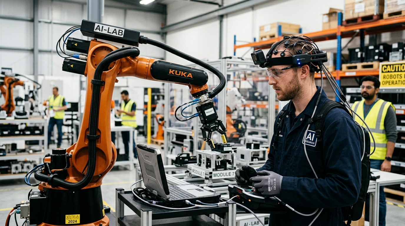 Operateur portant un casque EEG pour collecter des donnees de robot learning IA physique