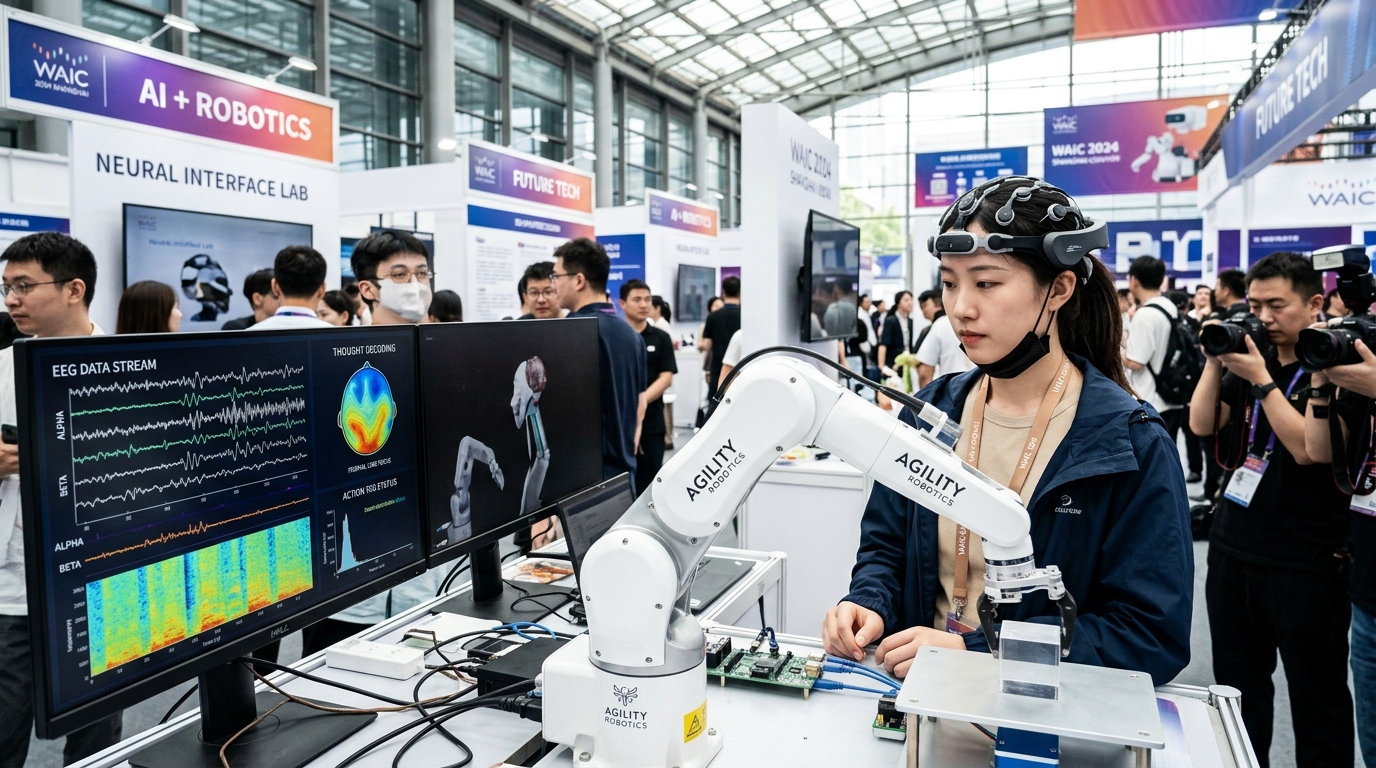 Utilisateur avec casque EEG BrainCo controlant un bras robotique humanoide au WAIC 2026