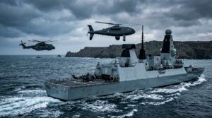 Drone militaire autonome de la Royal Navy au-dessus d un navire