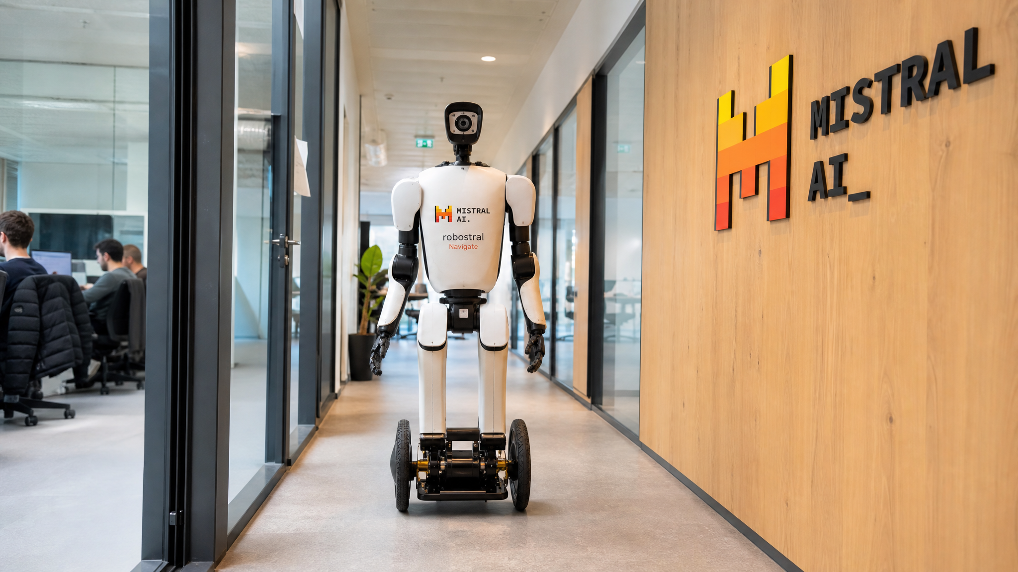 Robot sur roues naviguant dans un couloir de bureau, illustrant Robostral Navigate de Mistral AI