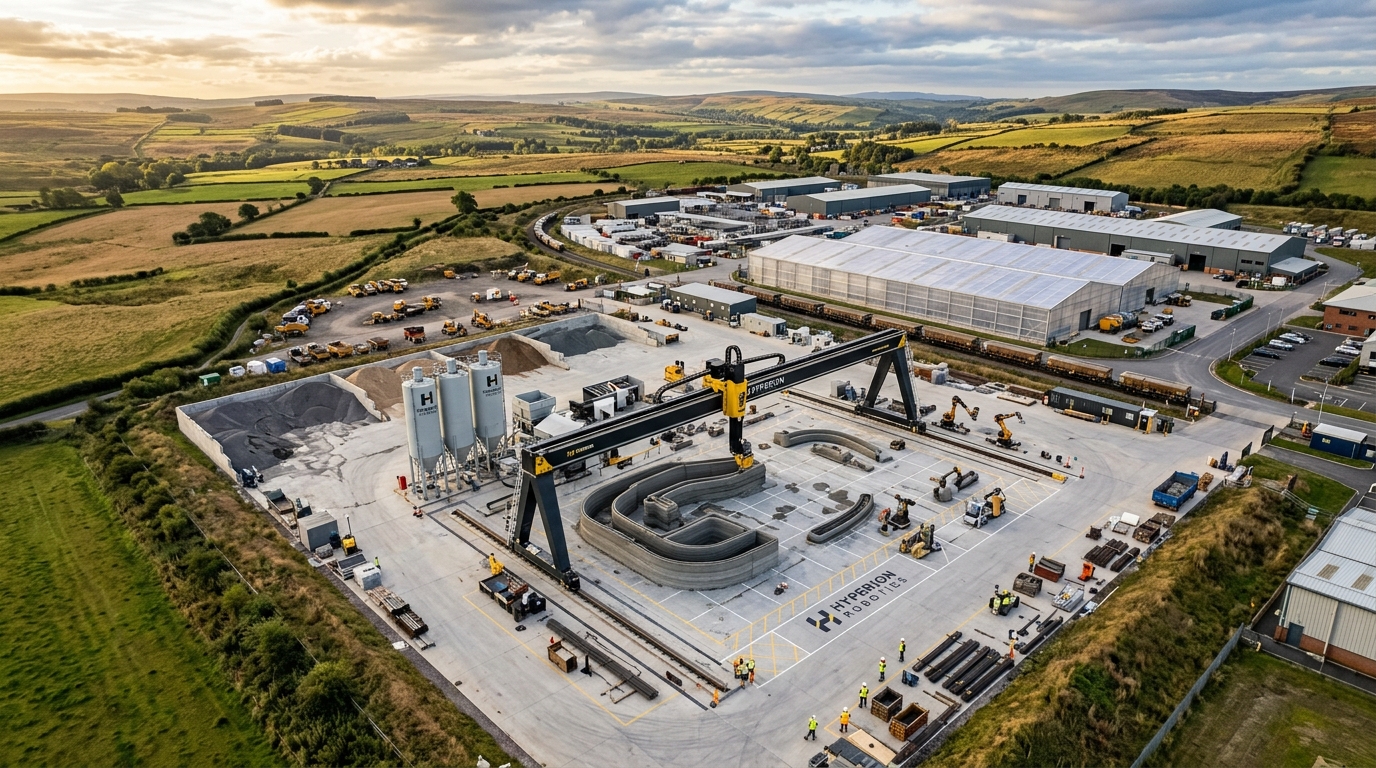 Microfactory robotique Hyperion Robotics Forge I a Flixborough Royaume-Uni production beton additive