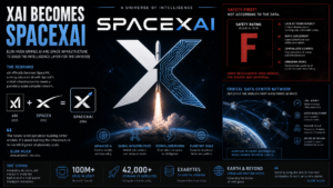 SpaceXAI nouveau logo fusion xAI SpaceX datacenters orbitaux et classement securite IA note F
