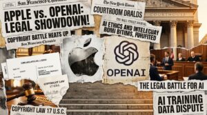 Collage editorial Apple vs OpenAI proces pour vol de secrets industriels 2026