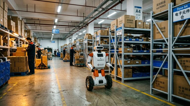 AlphaBot 2, le robot humanoïde à roues de AI² Robotics, navigue dans un entrepôt logistique à Shenzhen