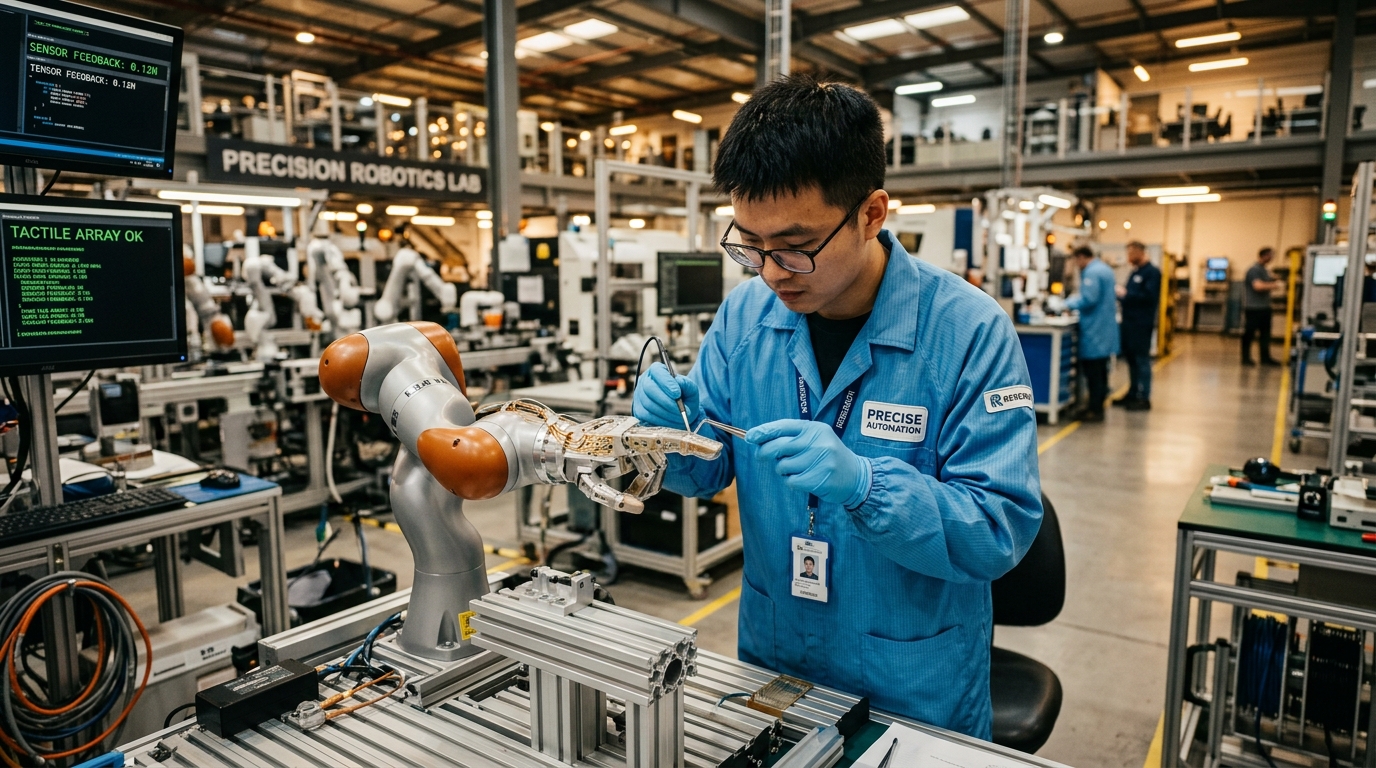 Ingénieur inspectant un capteur tactile pour robots Yimu Tech