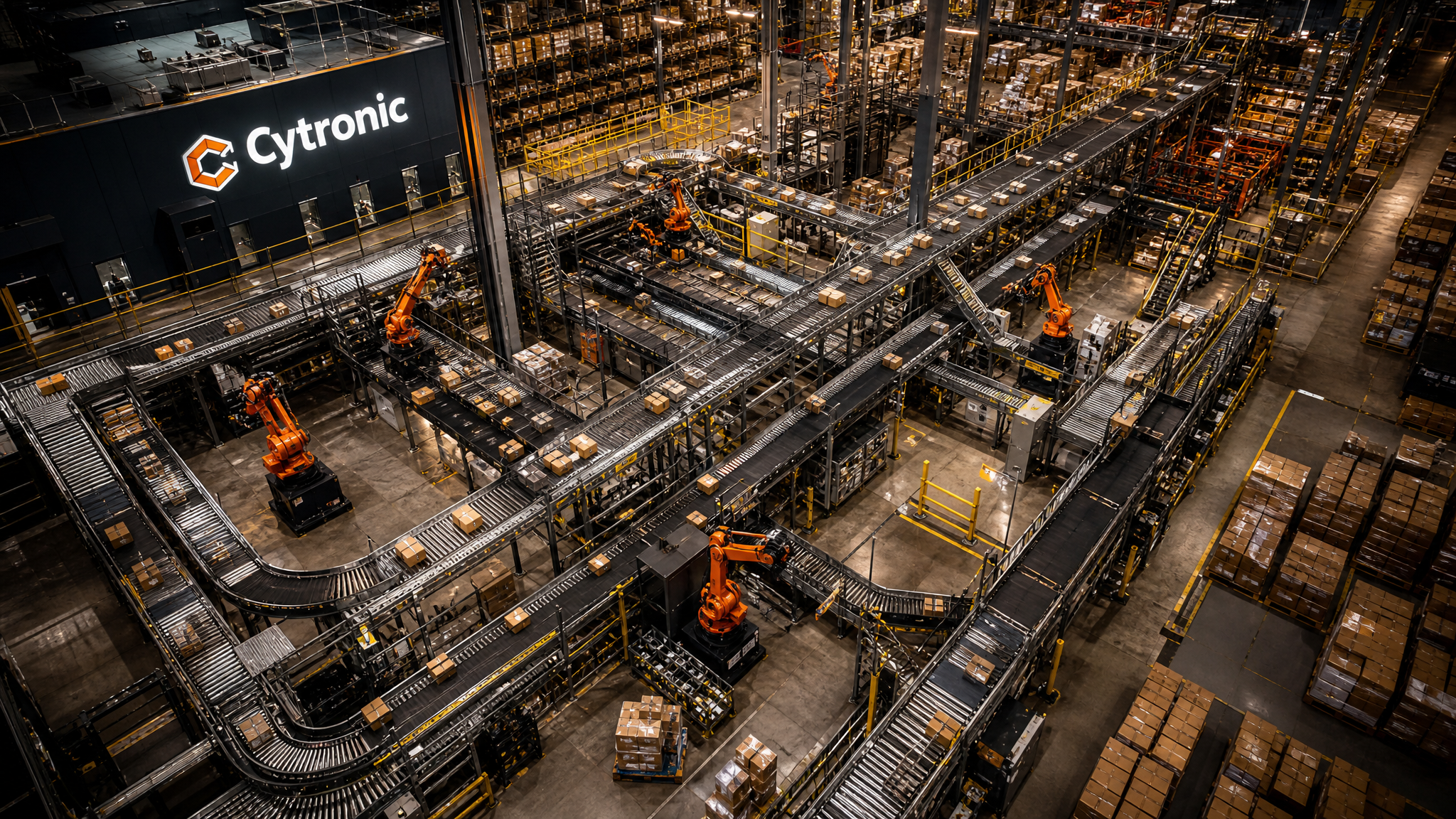 Vue aerienne entrepot robotise Cytronic avec bras robotiques et convoyeurs pour fulfillment e-commerce