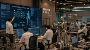 Laboratoire de robotique en Coree du Sud avec des ingenieur travaillant sur un modele IA pour robots humanoides