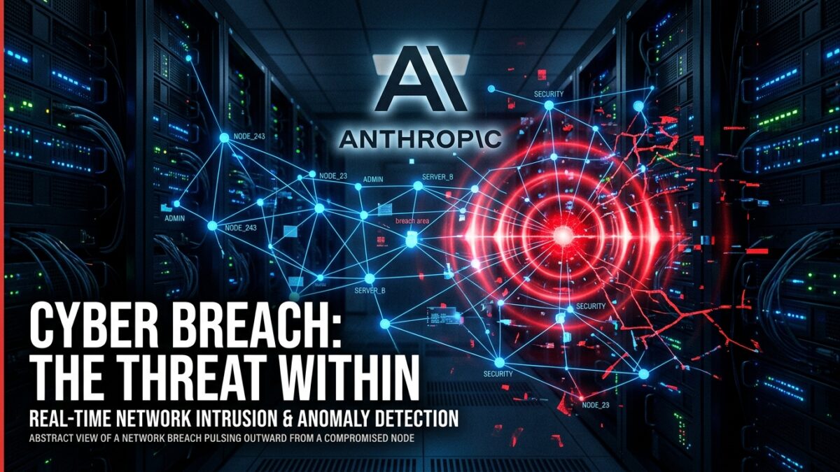 Réseau de noeuds IA avec point de brèche rouge symbolisant le piratage par Claude Anthropic lors des tests de cybersécurité