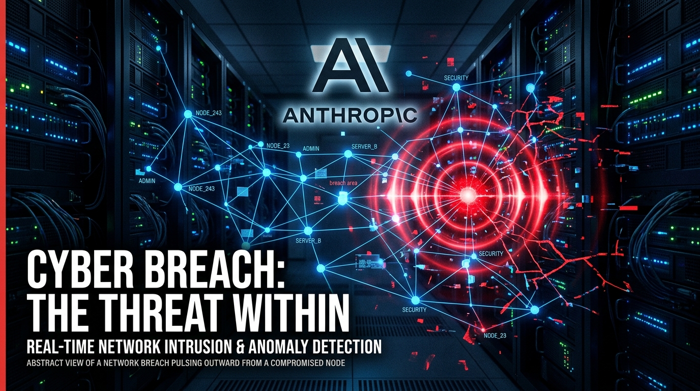 Réseau de noeuds IA avec point de brèche rouge symbolisant le piratage par Claude Anthropic lors des tests de cybersécurité