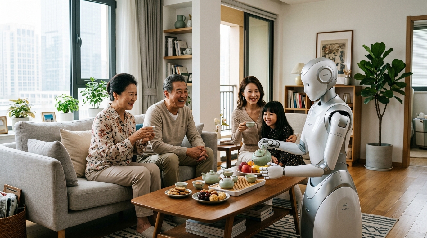 Famille chinoise avec robot humanoïde compagnon dans un salon moderne