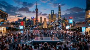 Robot humanoide acrobatique sur une place publique de Shanghai, skyline en fond