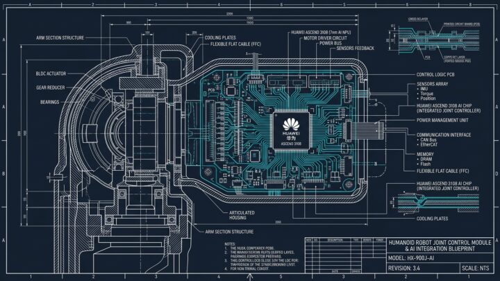 Schema technique puce edge AI chinoise dans robot humanoide blueprint