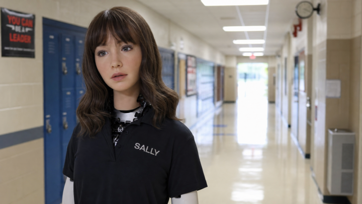 Robot humanoide Sally de Realbotix dans un couloir de lycee americain