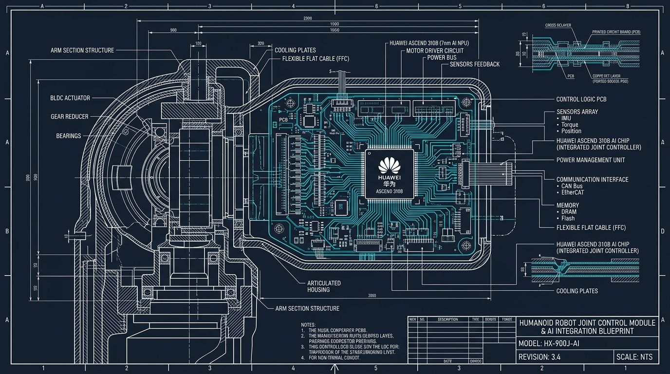 Schema technique puce edge AI chinoise dans robot humanoide blueprint