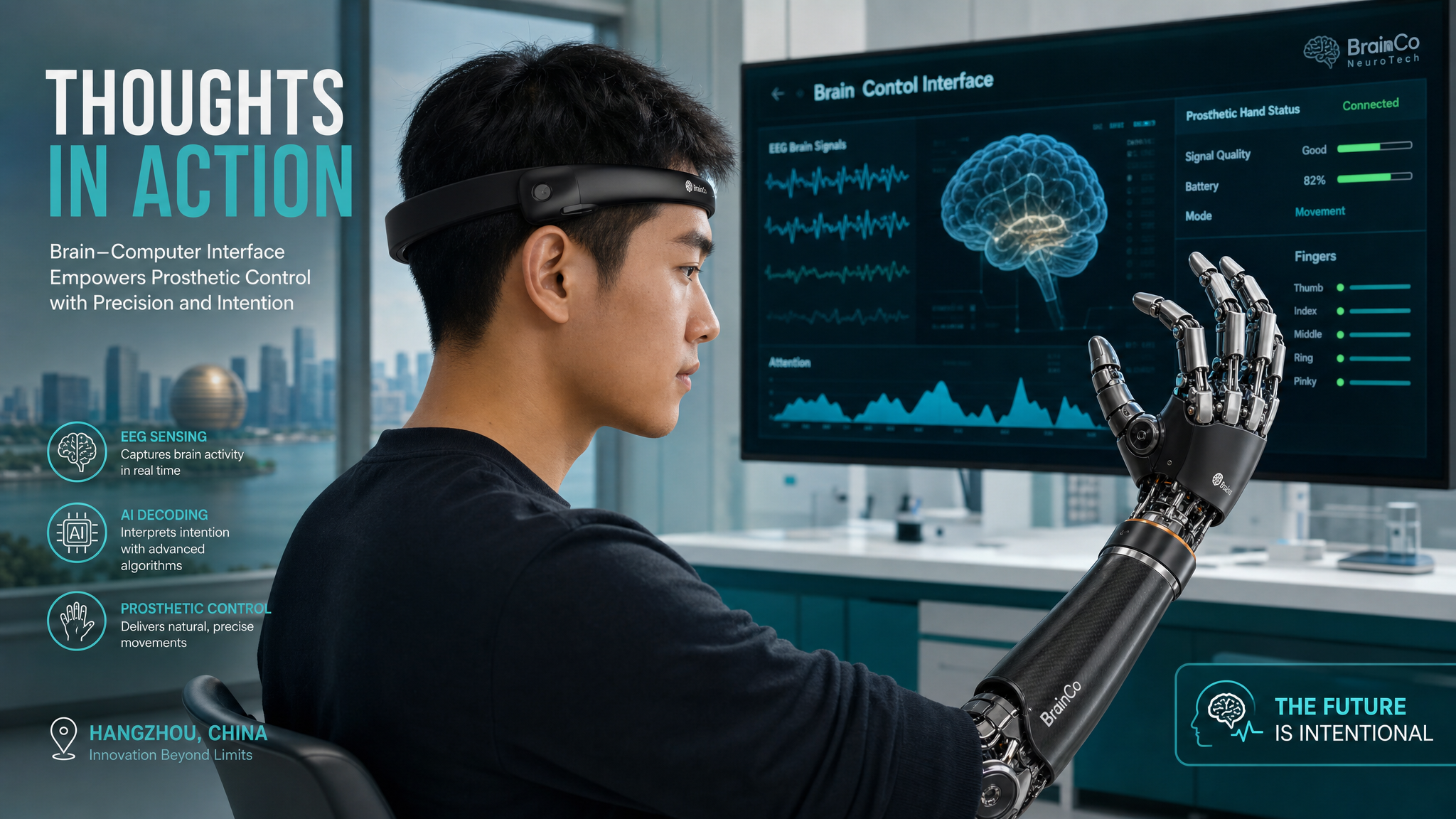 Personne portant un casque EEG wearable BrainCo pour controler une main robotique par la pensee