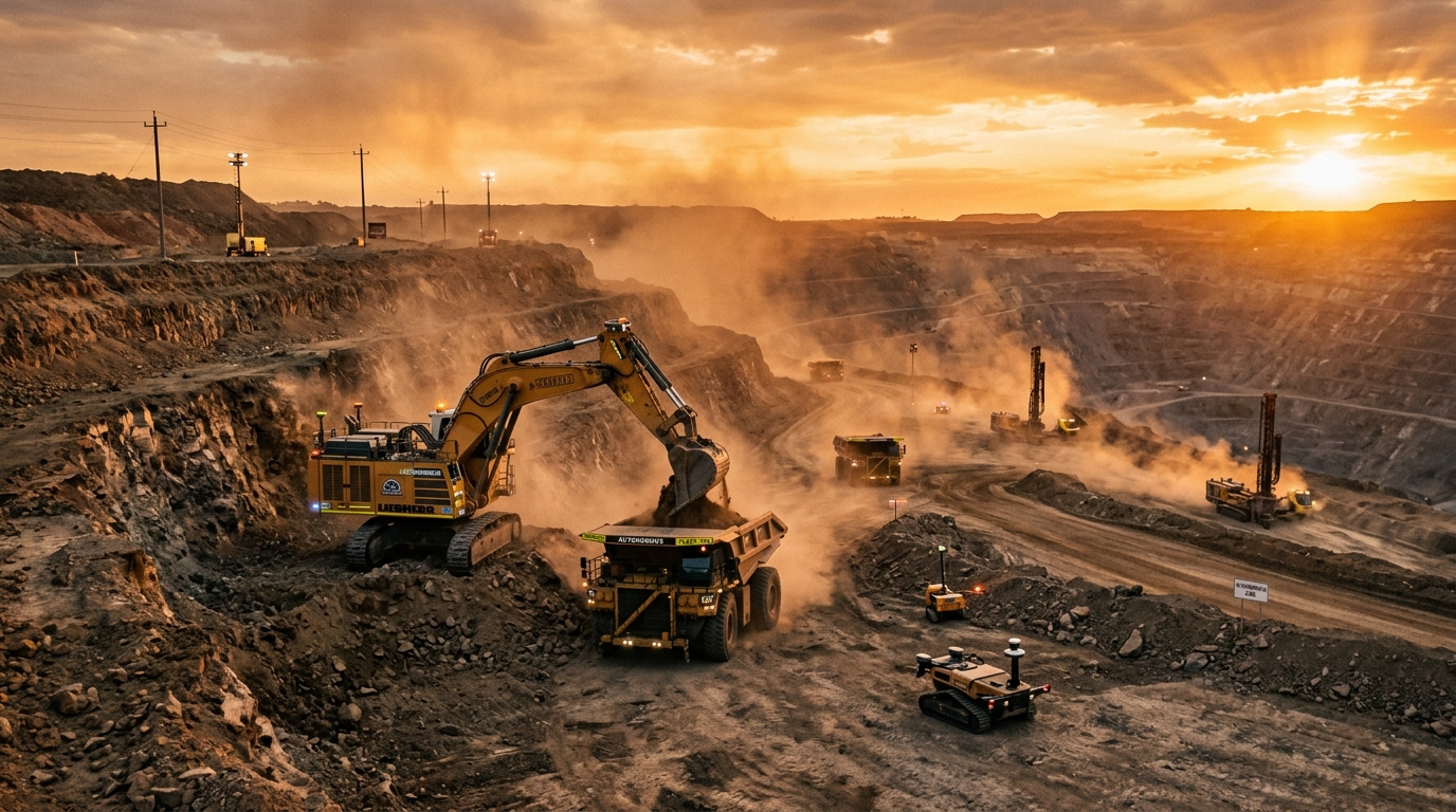 Robots autonomes sur un chantier minier, IA physique industrielle, style reportage documentary