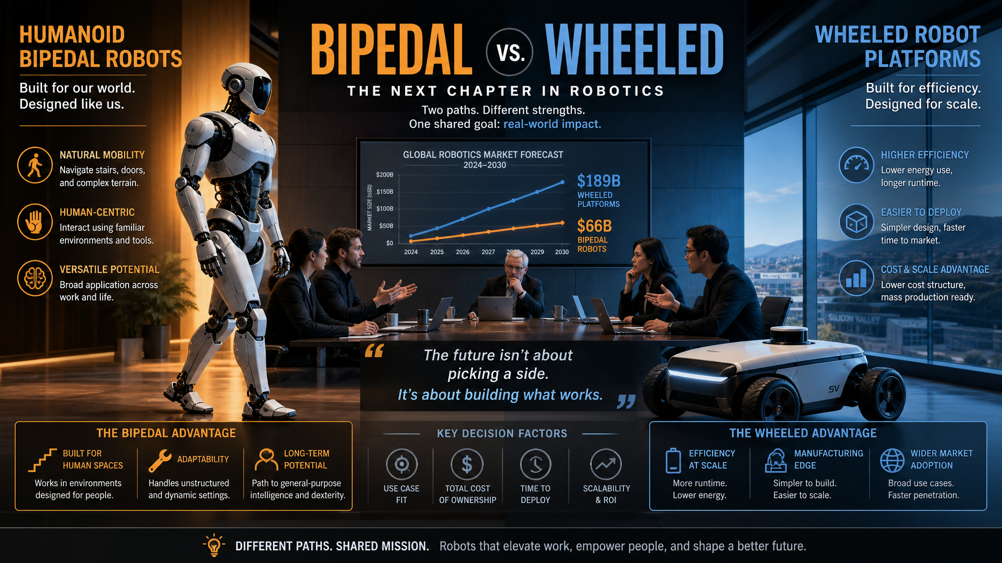 Illustration RoboActu : débat humanoïde contre robot à roues, investisseurs Silicon Valley