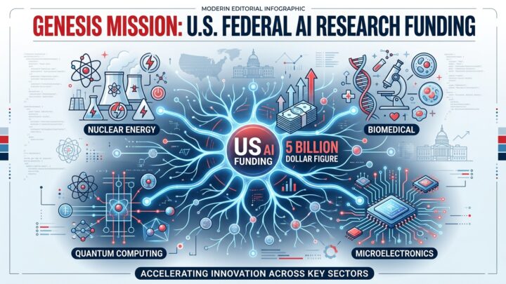 Infographie de la Genesis Mission, programme federal americain IA pour la science, 5 milliards de dollars