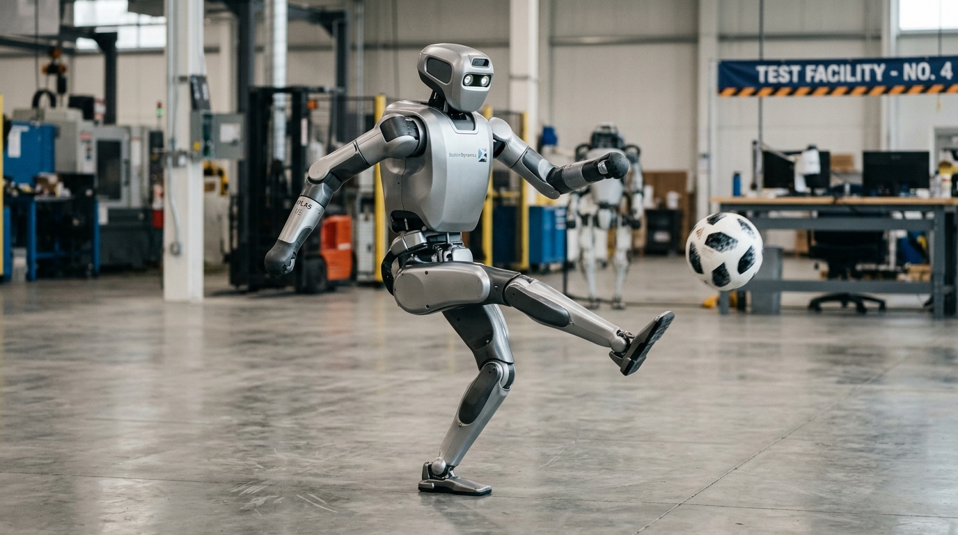 Robot humanoïde Atlas de cinquième génération de Boston Dynamics tapant dans un ballon de football