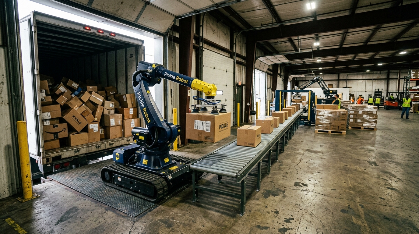 Bras robotise dechargeant des cartons d un camion