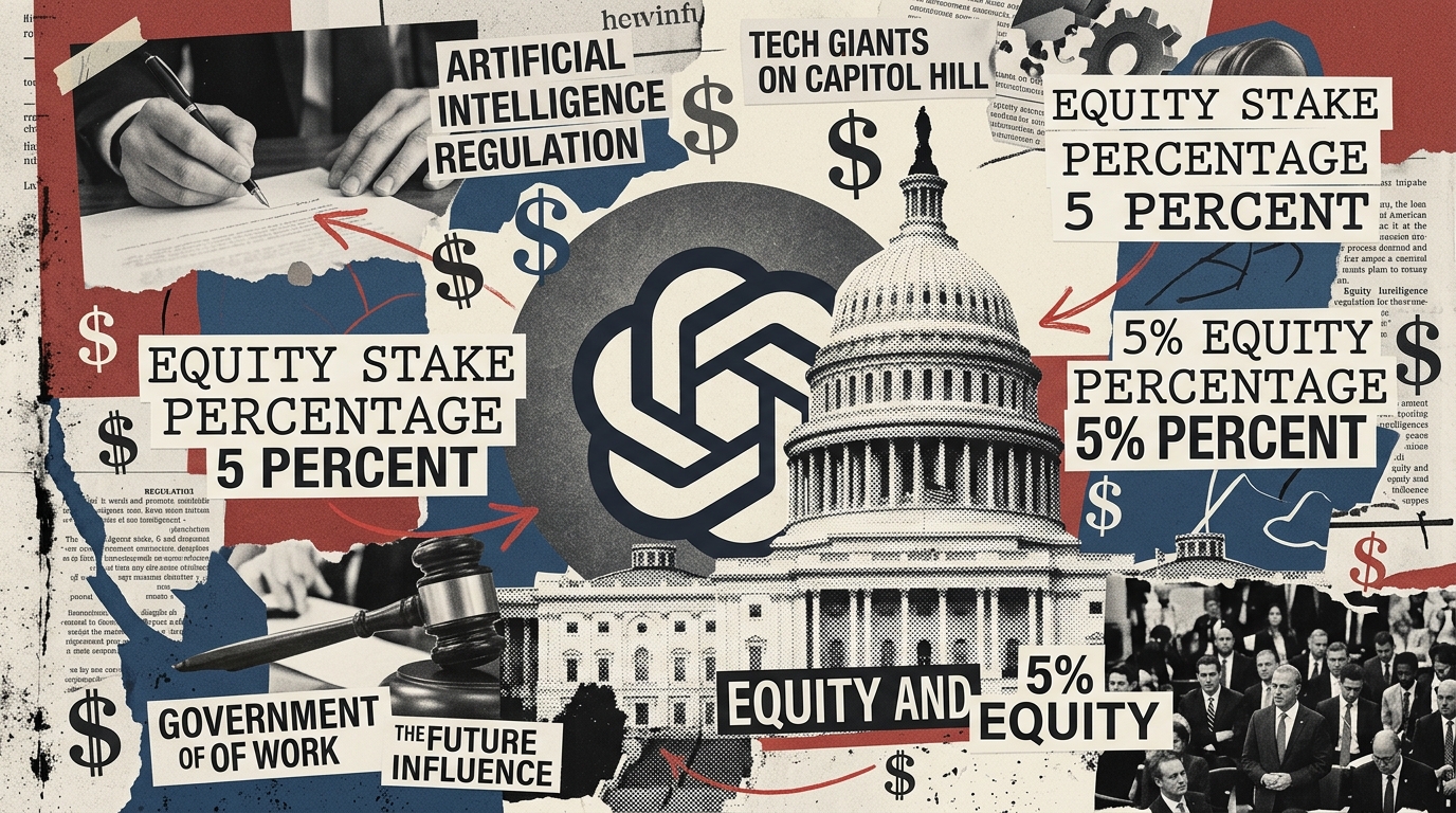 Logo OpenAI et Capitole américain, illustration d'une prise de participation de l'État dans l'intelligence artificielle