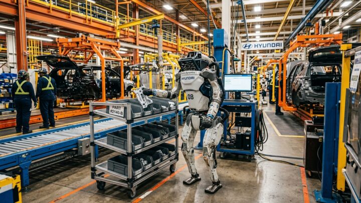 Robot Atlas de Boston Dynamics sur une ligne de fabrication Hyundai