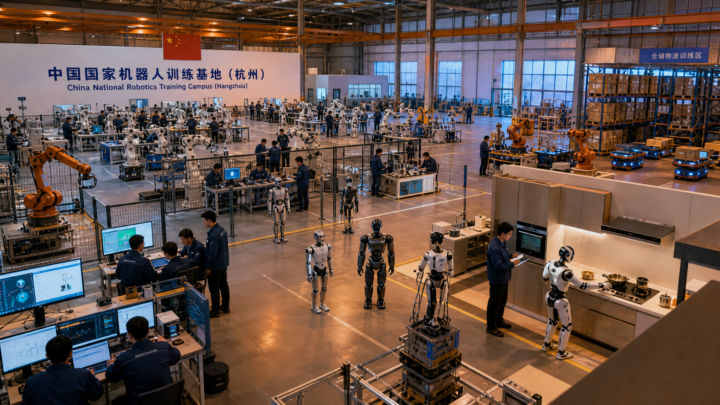 Robots en formation dans la base pilote nationale pour IA incarnee a Hangzhou Chine