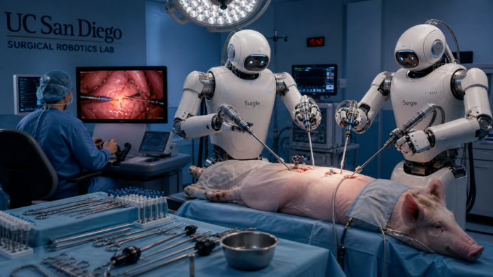 Deux robots humanoïdes Surgie réalisent une laparoscopie sur un cochon au bloc opératoire de l UCSD
