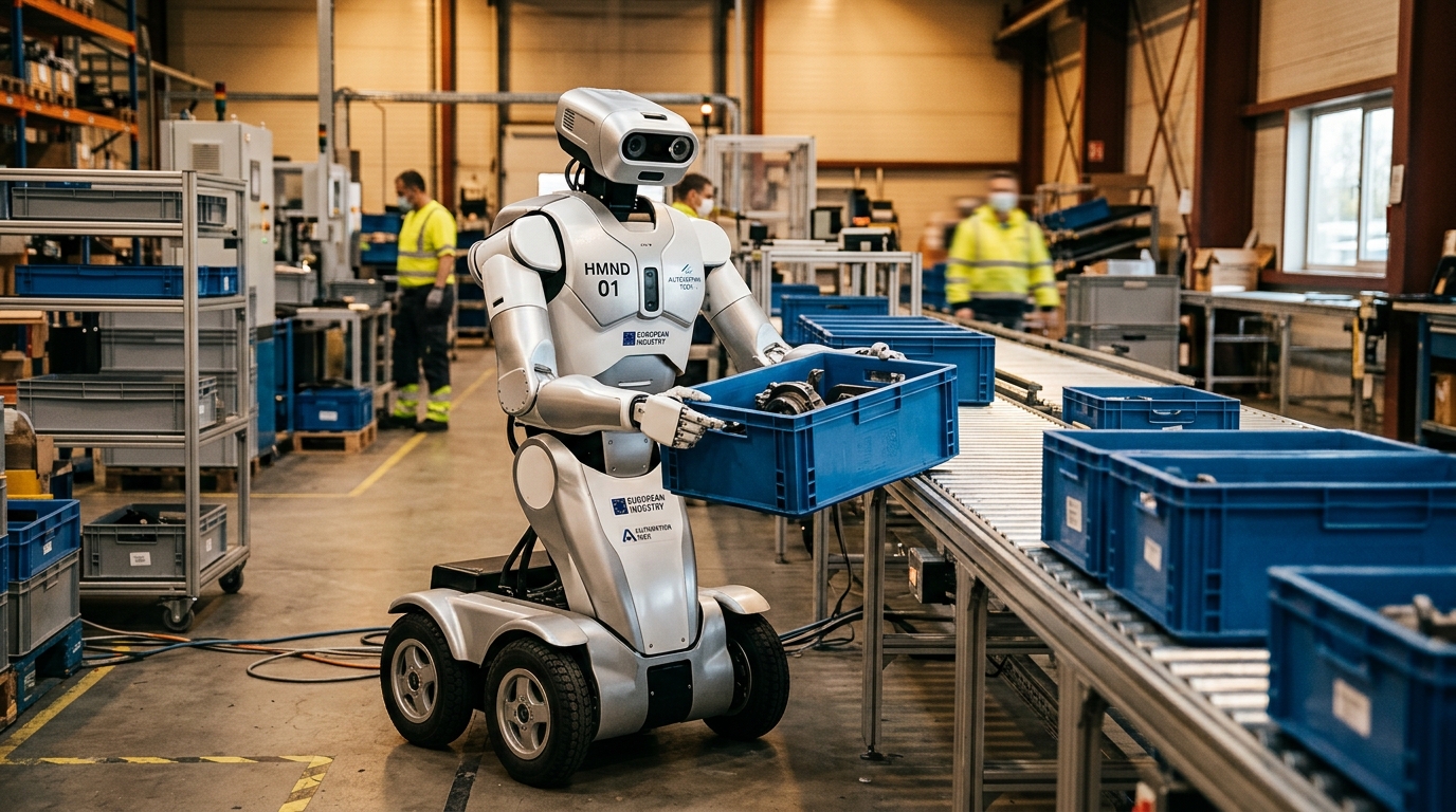 Robot humanoide HMND 01 de Humanoid London dans un entrepot industriel