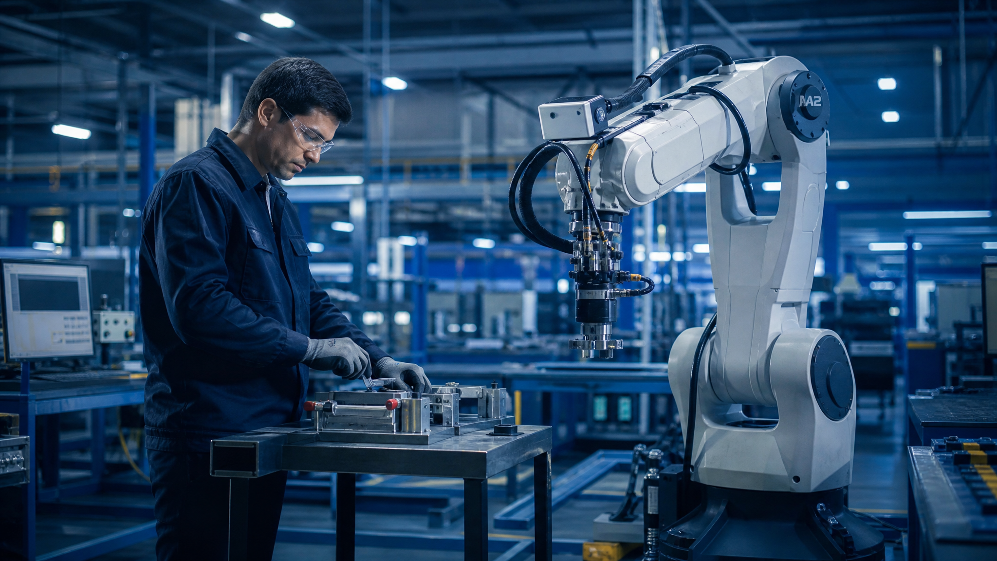 Robot industriel apprenant une tache demontree par un ouvrier dans une usine