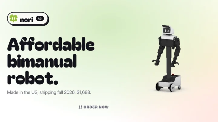 Robot mobile à deux bras Nori A3 présenté sur fond clair