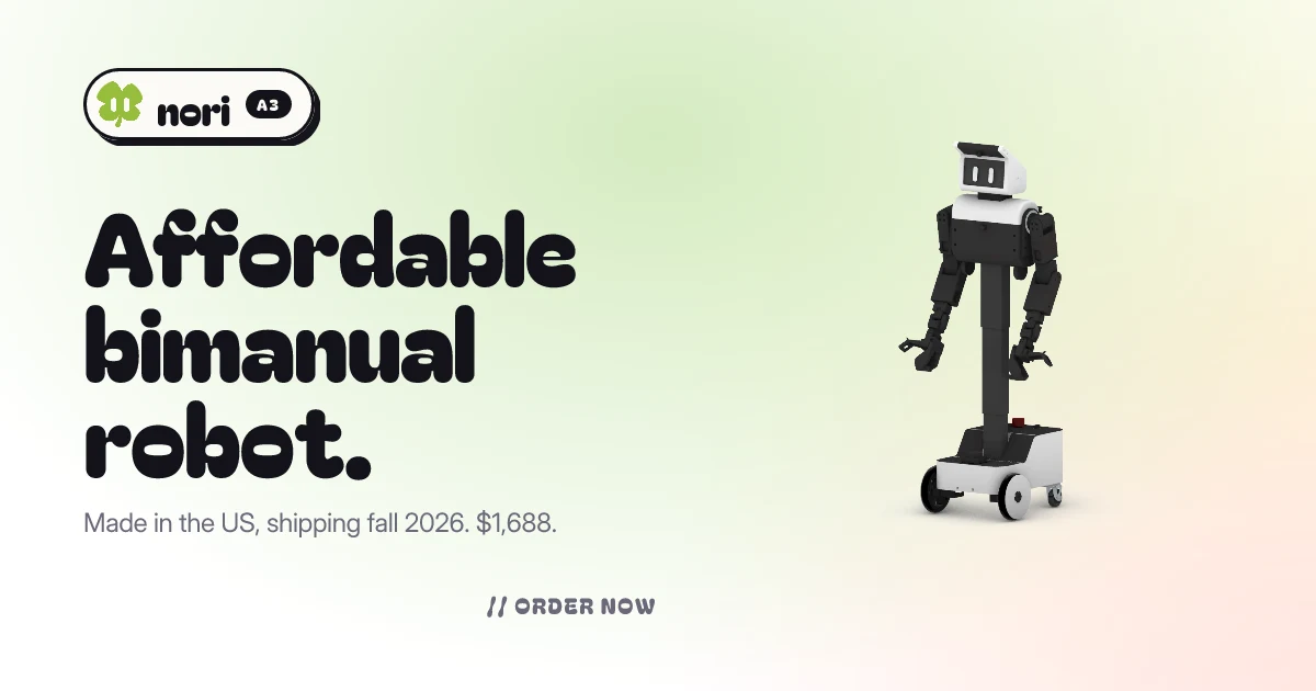 Robot mobile à deux bras Nori A3 présenté sur fond clair