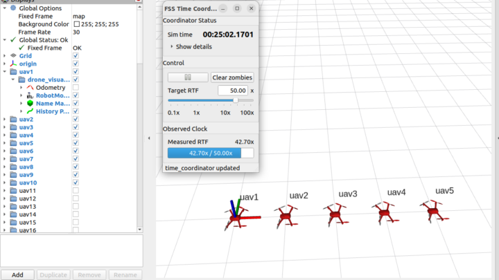 Plusieurs drones visualisés dans le simulateur FastSwarmSim sous ROS 2