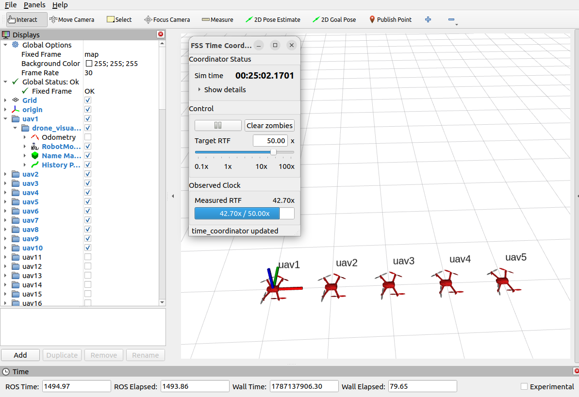 Plusieurs drones visualisés dans le simulateur FastSwarmSim sous ROS 2