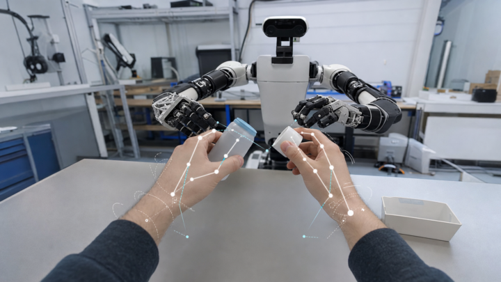Mains humaines annotées face à un robot de recherche à deux bras