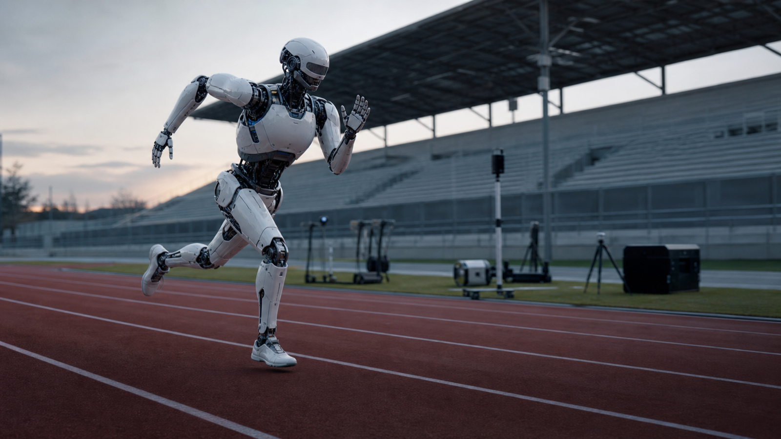 Illustration d’un robot humanoïde courant sur une piste d’athlétisme équipée pour des essais