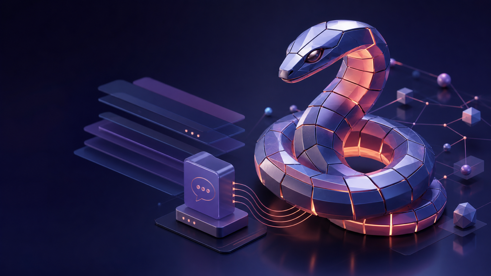 Illustration originale d’un serpent géométrique relié à des couches logicielles et à des nœuds d’API