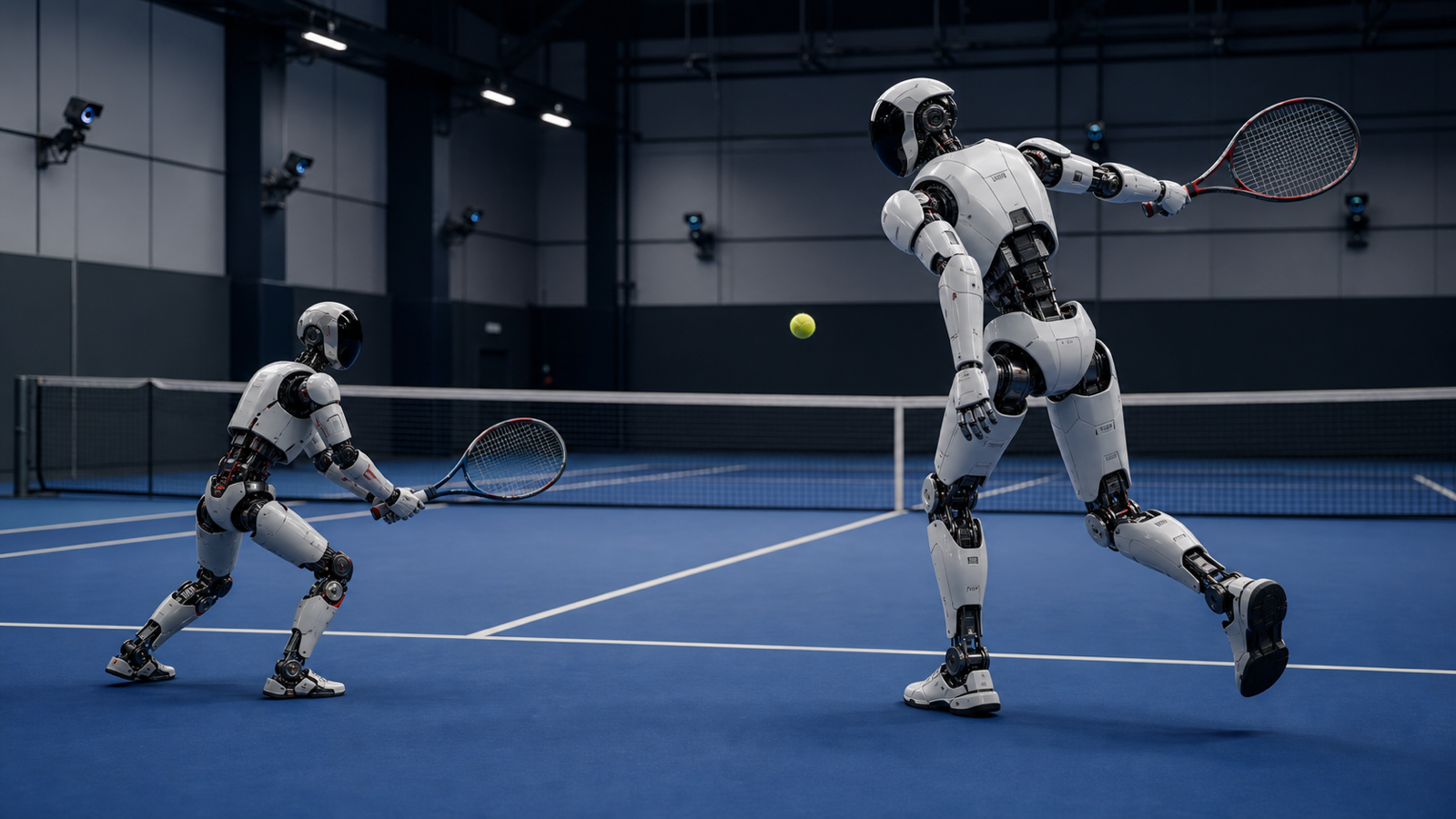 Illustration éditoriale de deux robots humanoïdes jouant au tennis dans un laboratoire